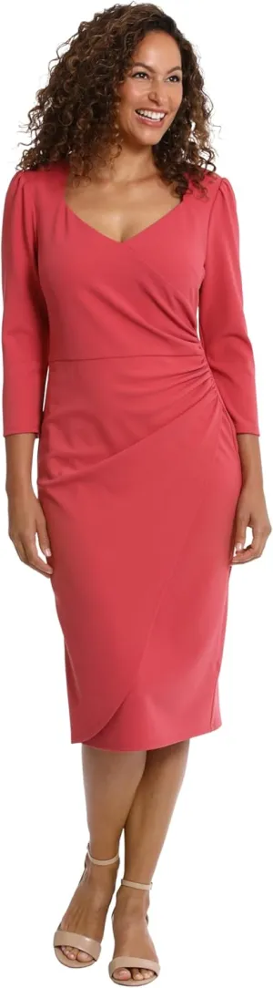 London Times Women's Sweetheart Neck Side Gather Midi Polished Chic Versatile Career Event Dress with Sleeves