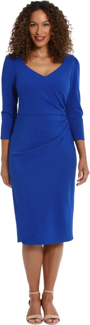 London Times Women's Sweetheart Neck Side Gather Midi Polished Chic Versatile Career Event Dress with Sleeves