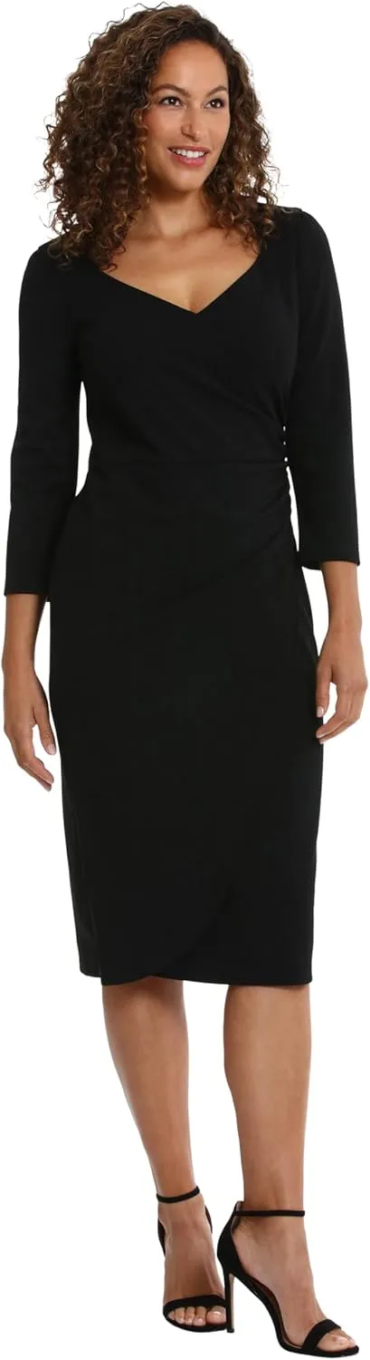 London Times Women's Sweetheart Neck Side Gather Midi Polished Chic Versatile Career Event Dress with Sleeves