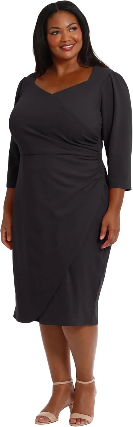 London Times Women's Sweetheart Neck Side Gather Midi Polished Chic Versatile Career Event Dress with Sleeves