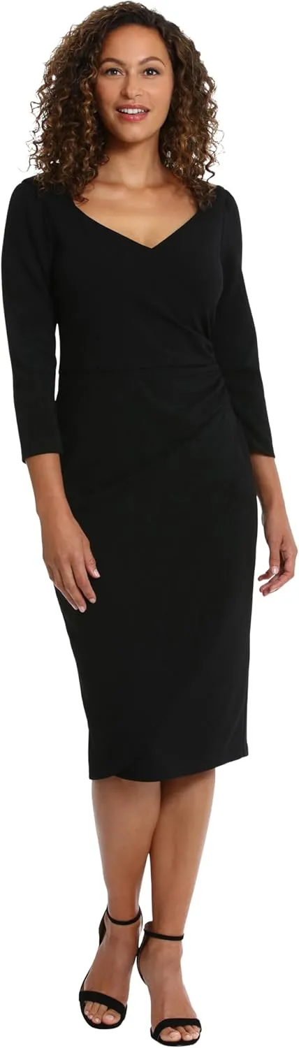 London Times Women's Sweetheart Neck Side Gather Midi Polished Chic Versatile Career Event Dress with Sleeves