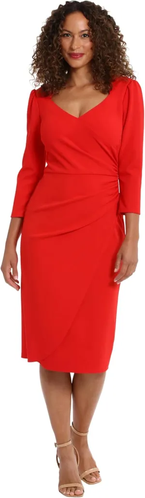 London Times Women's Sweetheart Neck Side Gather Midi Polished Chic Versatile Career Event Dress with Sleeves