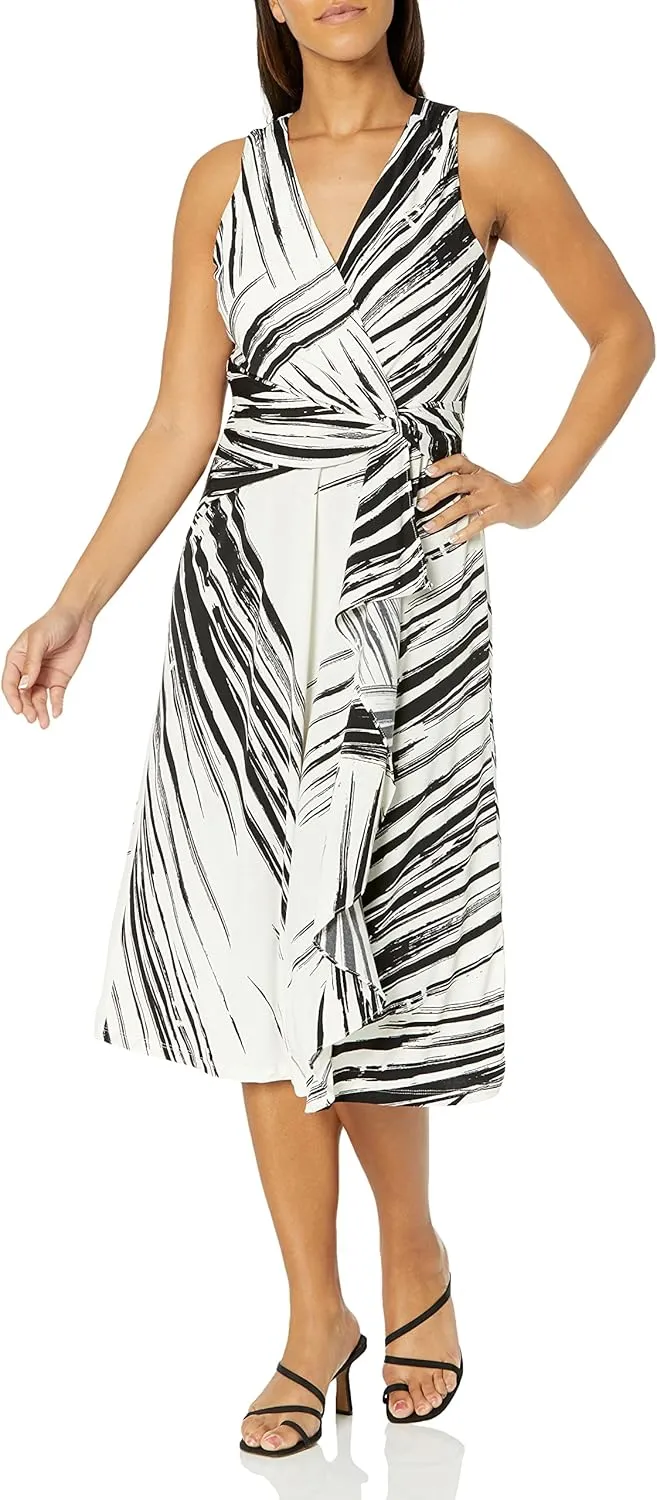 London Times Women's V-Neck Faux Wrap Midi Office Career Polished Event