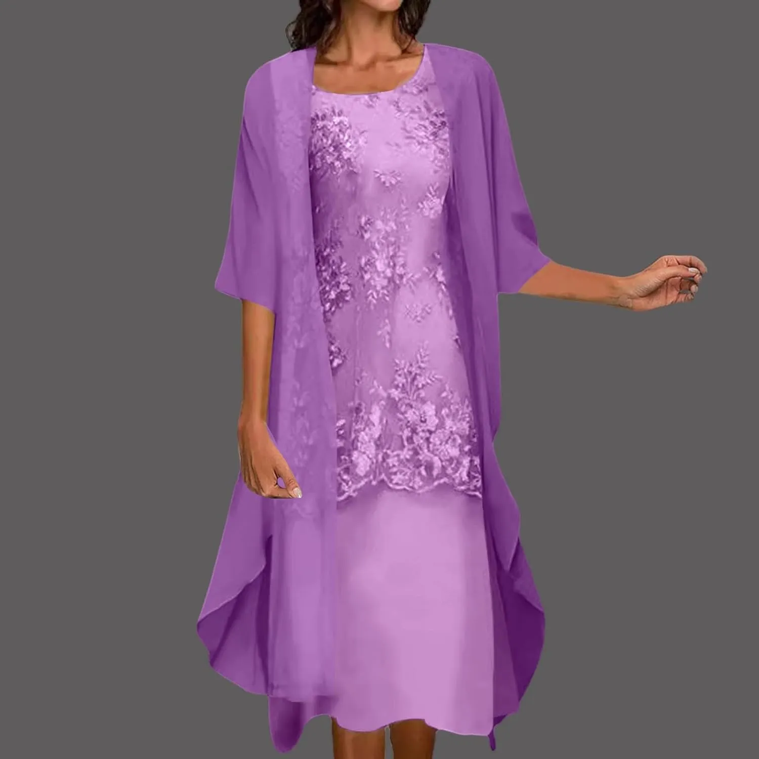 Long Dress for Womens Summer Two-Piece Outfits Half Sleeve Chiffon Cardigan Floral Print Wedding Guest Midi Dresses