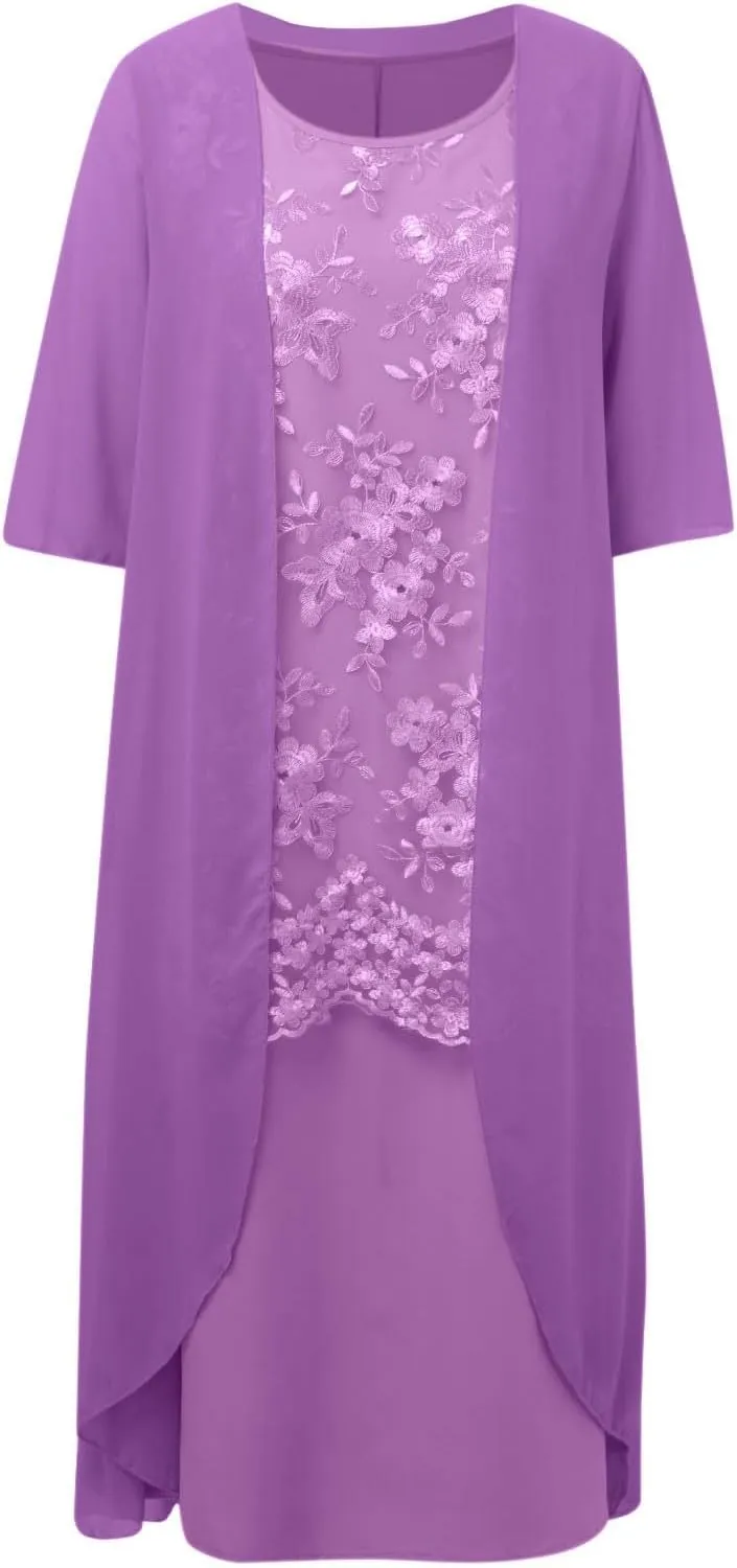 Long Dress for Womens Summer Two-Piece Outfits Half Sleeve Chiffon Cardigan Floral Print Wedding Guest Midi Dresses