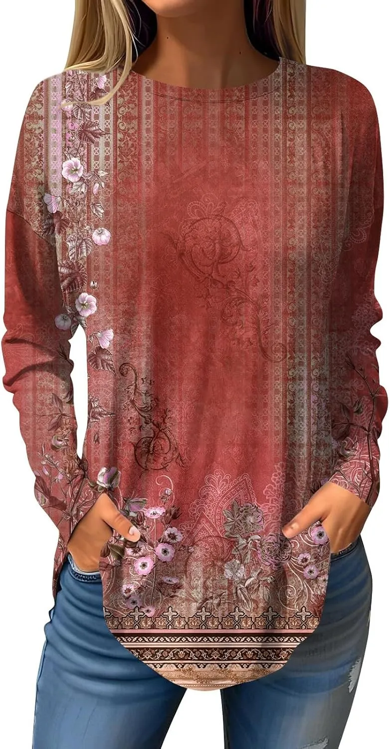 Long Sleeve Shirts for Women Crewneck Basic Tunics Tops Casual Comfy Printed Blouse Fashion Spring 2025