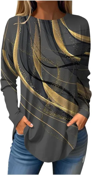 Long Sleeve Shirts for Women Crewneck Basic Tunics Tops Casual Comfy Printed Blouse Fashion Spring 2025