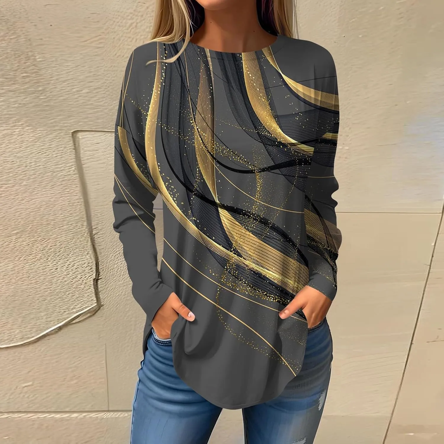 Long Sleeve Shirts for Women Crewneck Basic Tunics Tops Casual Comfy Printed Blouse Fashion Spring 2025