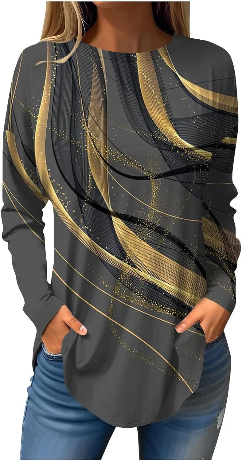 Long Sleeve Shirts for Women Crewneck Basic Tunics Tops Casual Comfy Printed Blouse Fashion Spring 2025