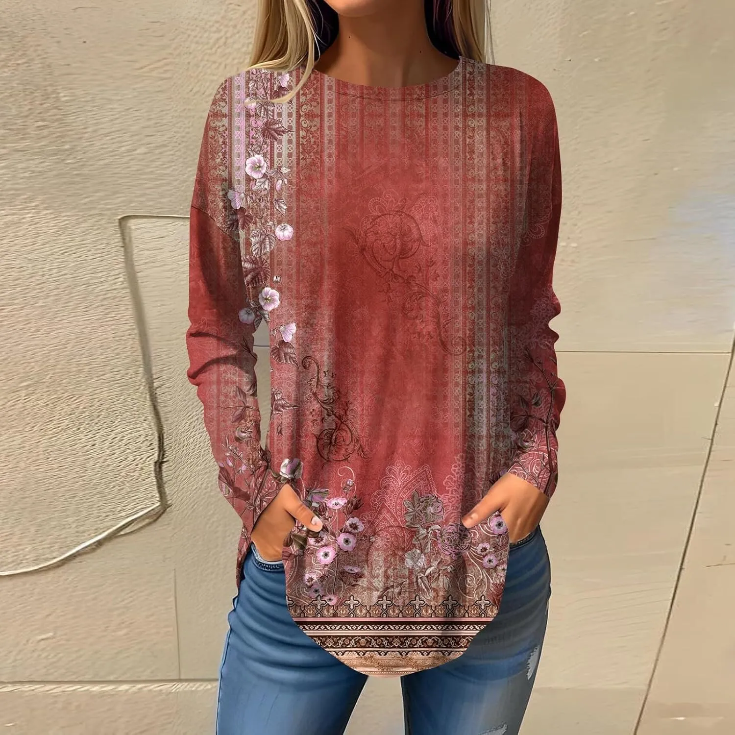 Long Sleeve Shirts for Women Crewneck Basic Tunics Tops Casual Comfy Printed Blouse Fashion Spring 2025