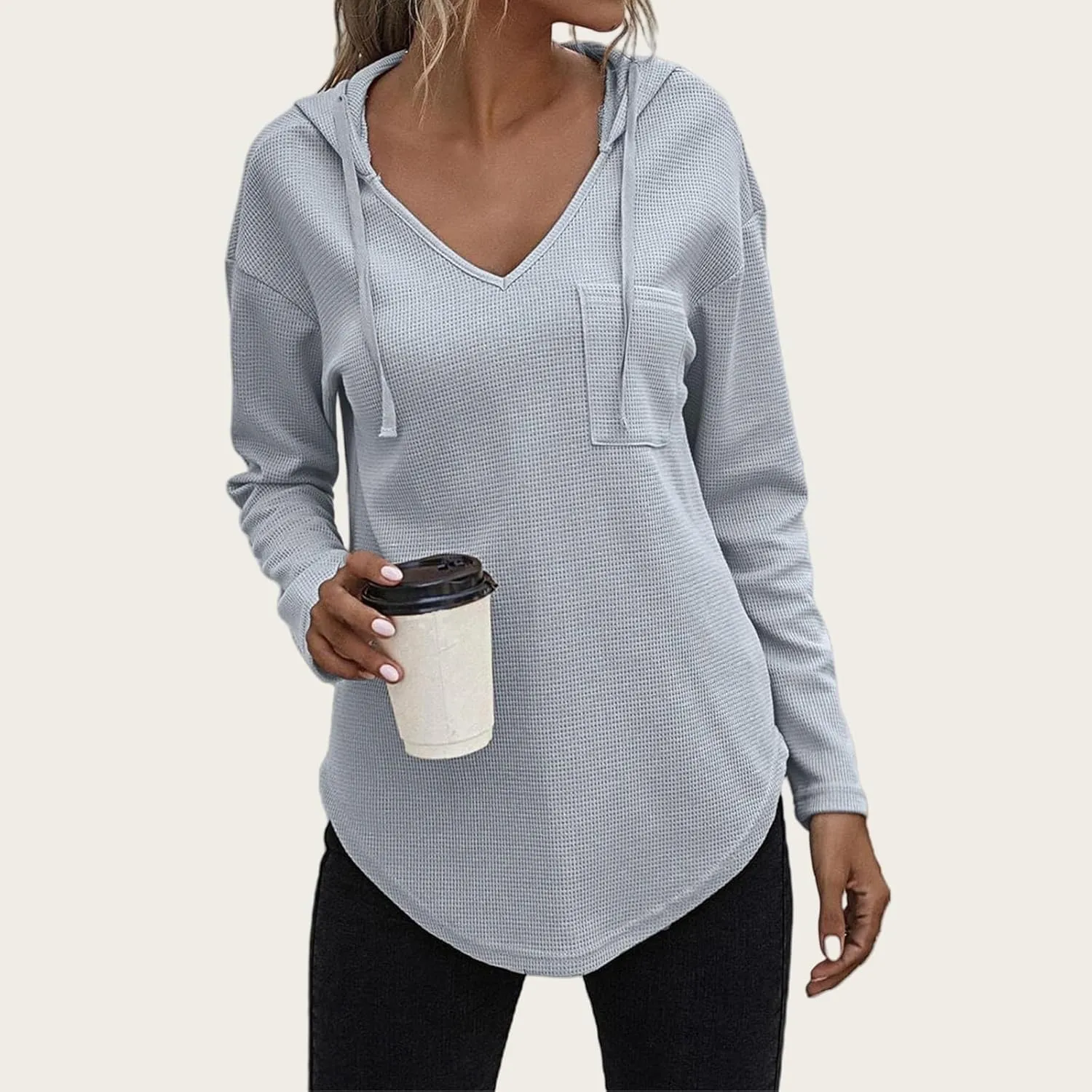 Long Sleeve Tops for Women V Neck Waffle Knit Hoodies Casual Drawstring Pullover Tops Trendy Basic Tees with Pocket