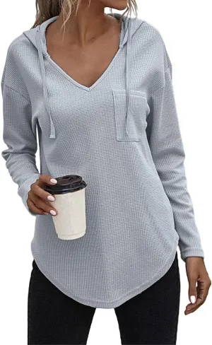 Long Sleeve Tops for Women V Neck Waffle Knit Hoodies Casual Drawstring Pullover Tops Trendy Basic Tees with Pocket