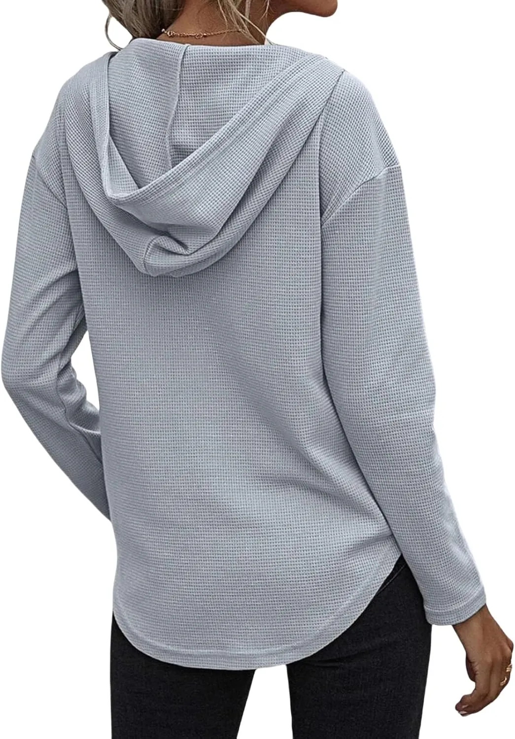 Long Sleeve Tops for Women V Neck Waffle Knit Hoodies Casual Drawstring Pullover Tops Trendy Basic Tees with Pocket