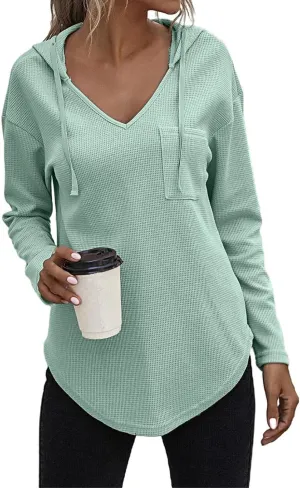 Long Sleeve Tops for Women V Neck Waffle Knit Hoodies Casual Drawstring Pullover Tops Trendy Basic Tees with Pocket