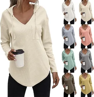 Long Sleeve Tops for Women V Neck Waffle Knit Hoodies Casual Drawstring Pullover Tops Trendy Basic Tees with Pocket