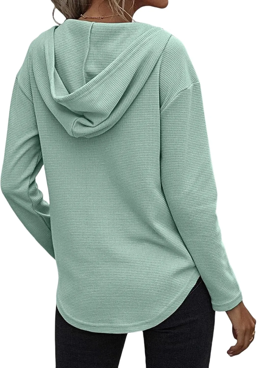 Long Sleeve Tops for Women V Neck Waffle Knit Hoodies Casual Drawstring Pullover Tops Trendy Basic Tees with Pocket