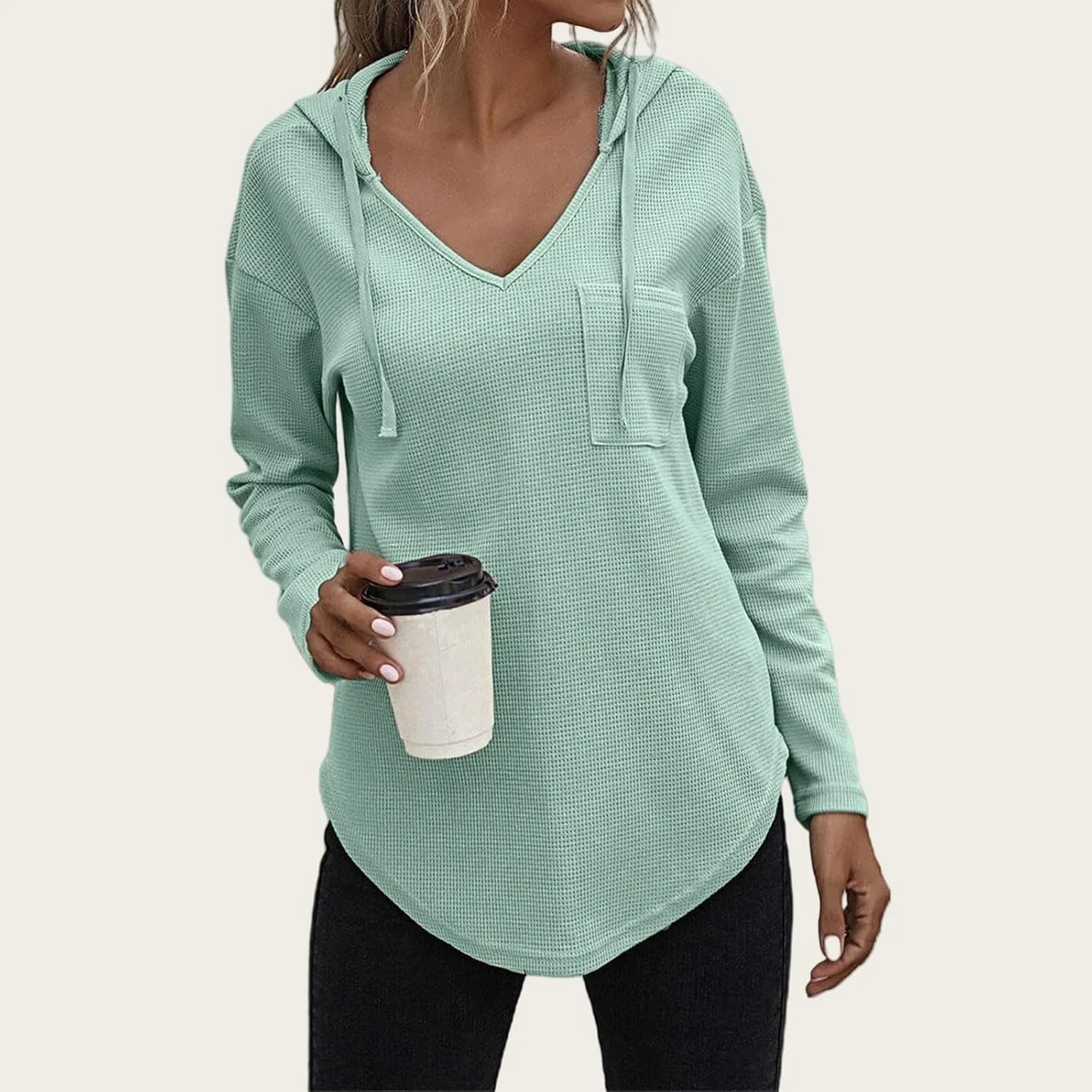 Long Sleeve Tops for Women V Neck Waffle Knit Hoodies Casual Drawstring Pullover Tops Trendy Basic Tees with Pocket