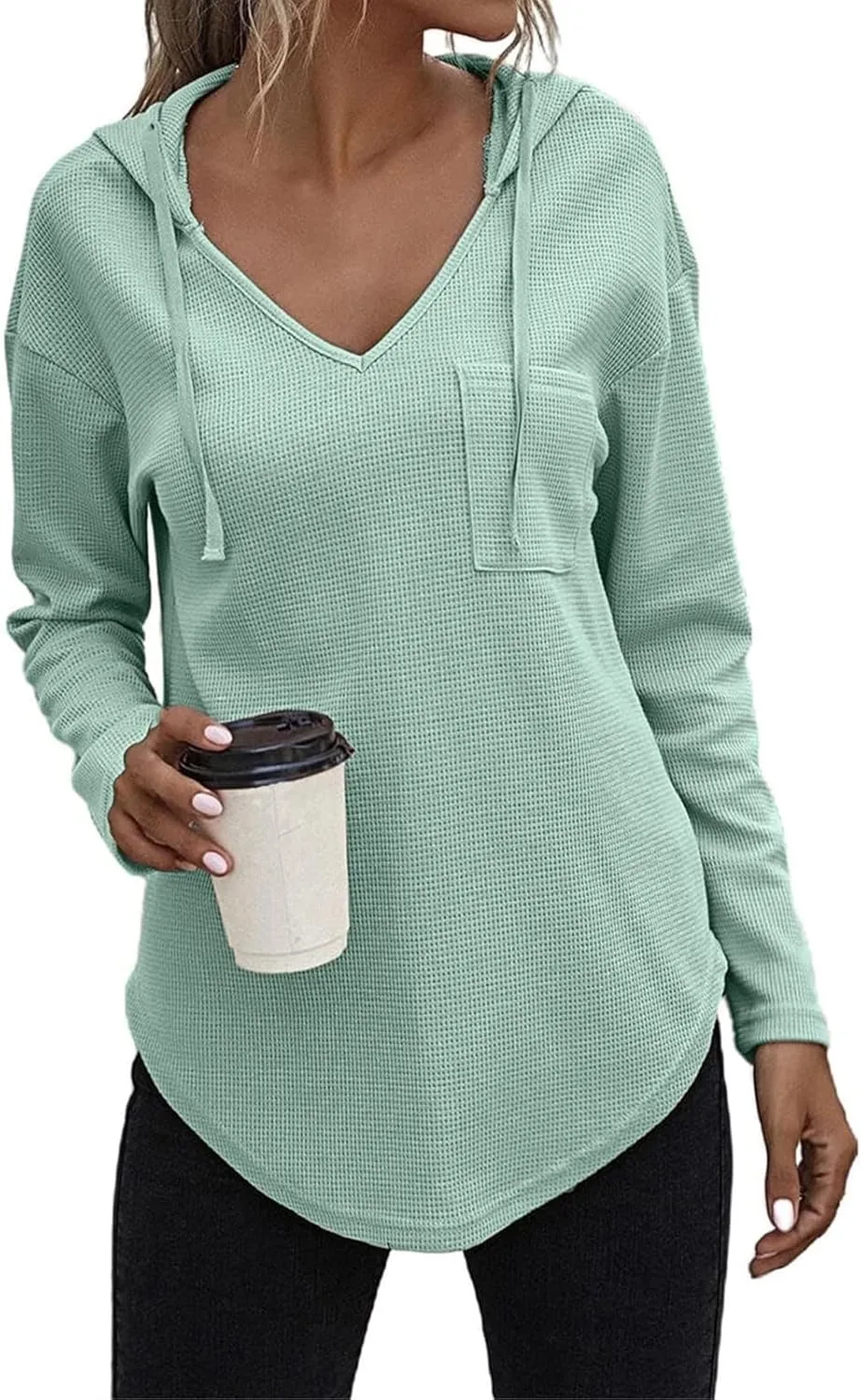 Long Sleeve Tops for Women V Neck Waffle Knit Hoodies Casual Drawstring Pullover Tops Trendy Basic Tees with Pocket