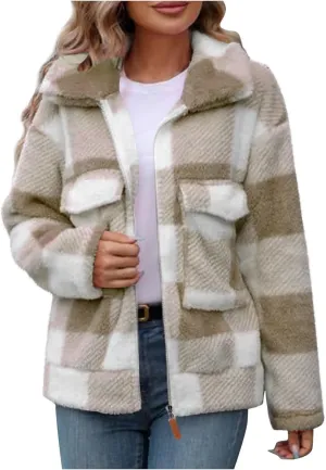 Long Winter Coats for Women Oversized Plaid Print Velvet Jackets Long Sleeve Zipper Cardigan Winter Coat Outerwear