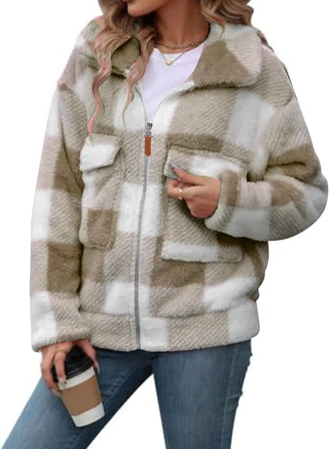 Long Winter Coats for Women Oversized Plaid Print Velvet Jackets Long Sleeve Zipper Cardigan Winter Coat Outerwear