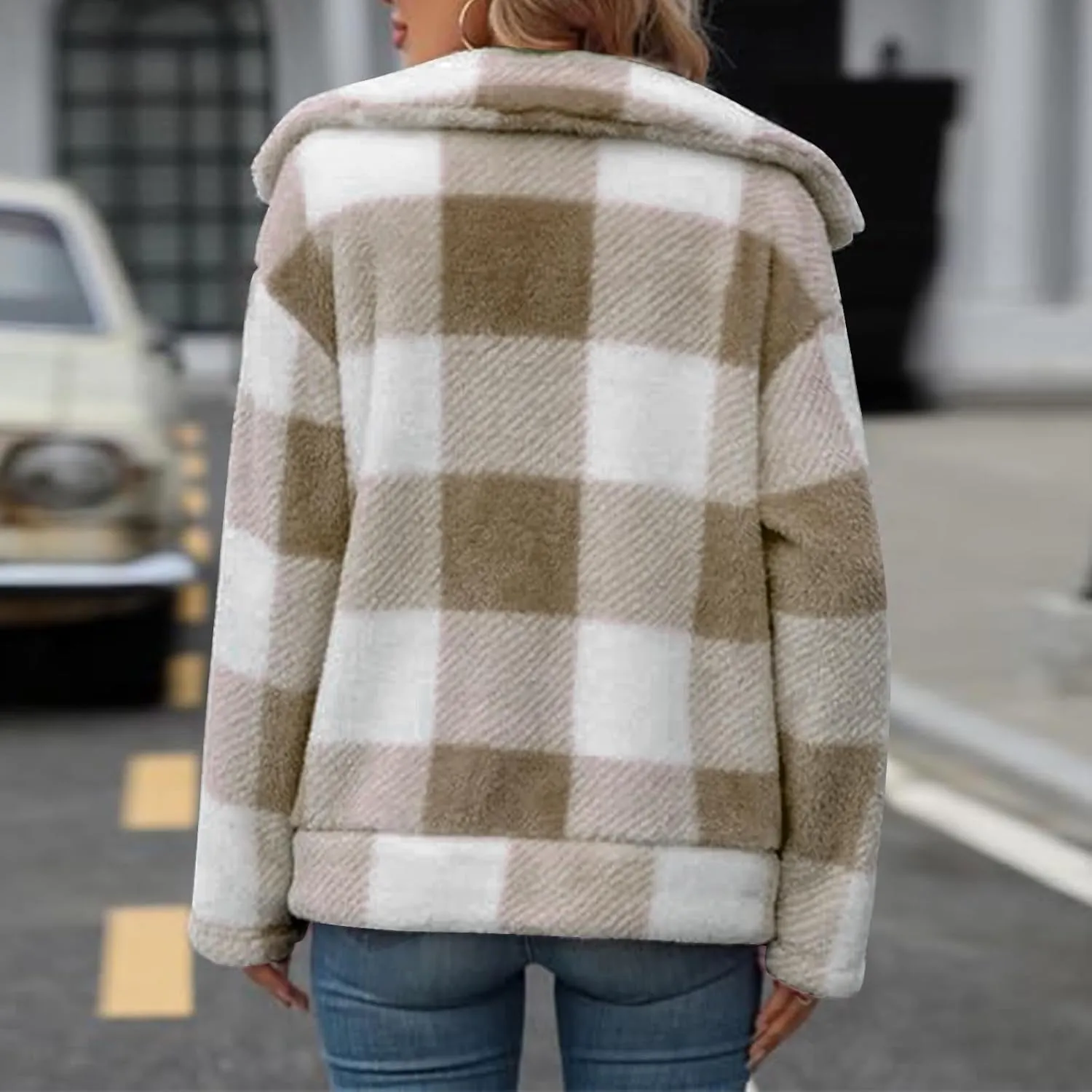Long Winter Coats for Women Oversized Plaid Print Velvet Jackets Long Sleeve Zipper Cardigan Winter Coat Outerwear