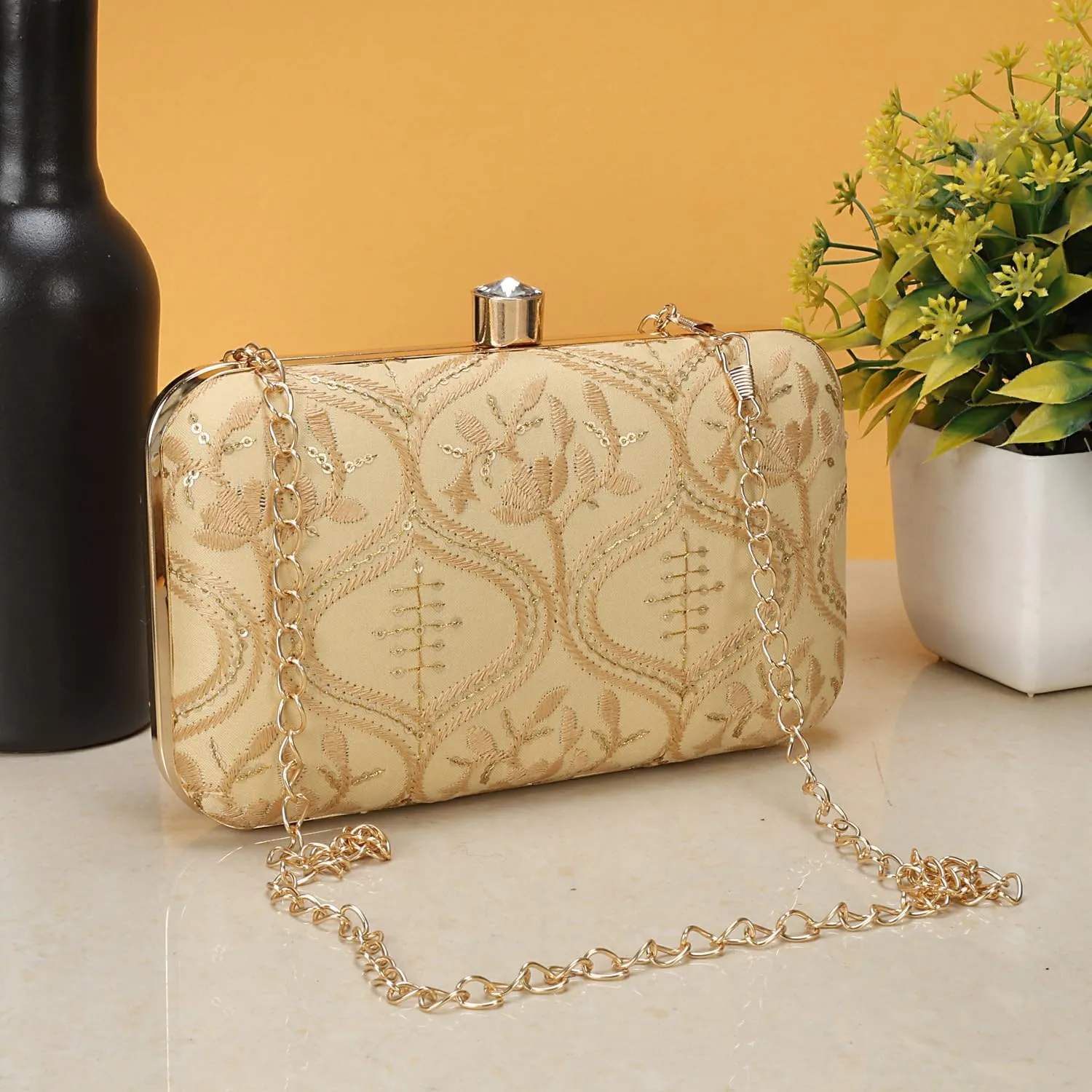 LONGING TO BUY Indian Elegant Evening Box Clutch, Embroidered Pattern, Crystal Clasp
