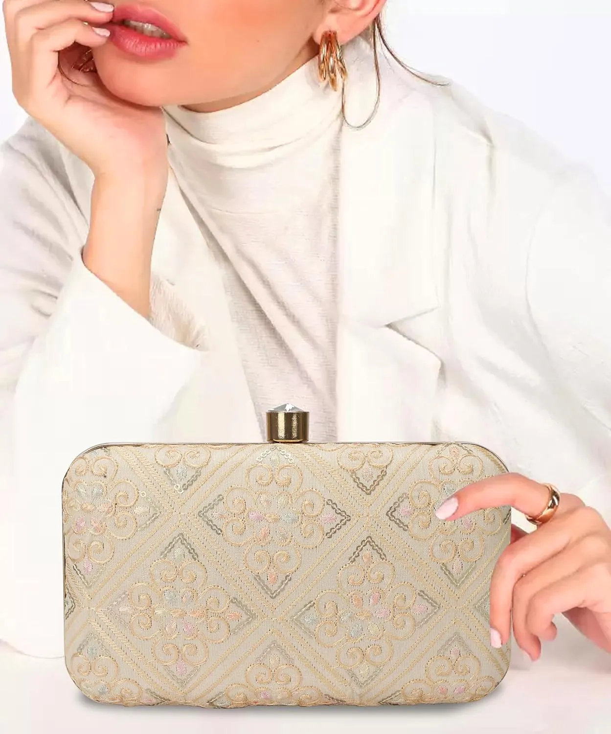 LONGING TO BUY Indian Elegant Evening Box Clutch, Embroidered Pattern, Crystal Clasp