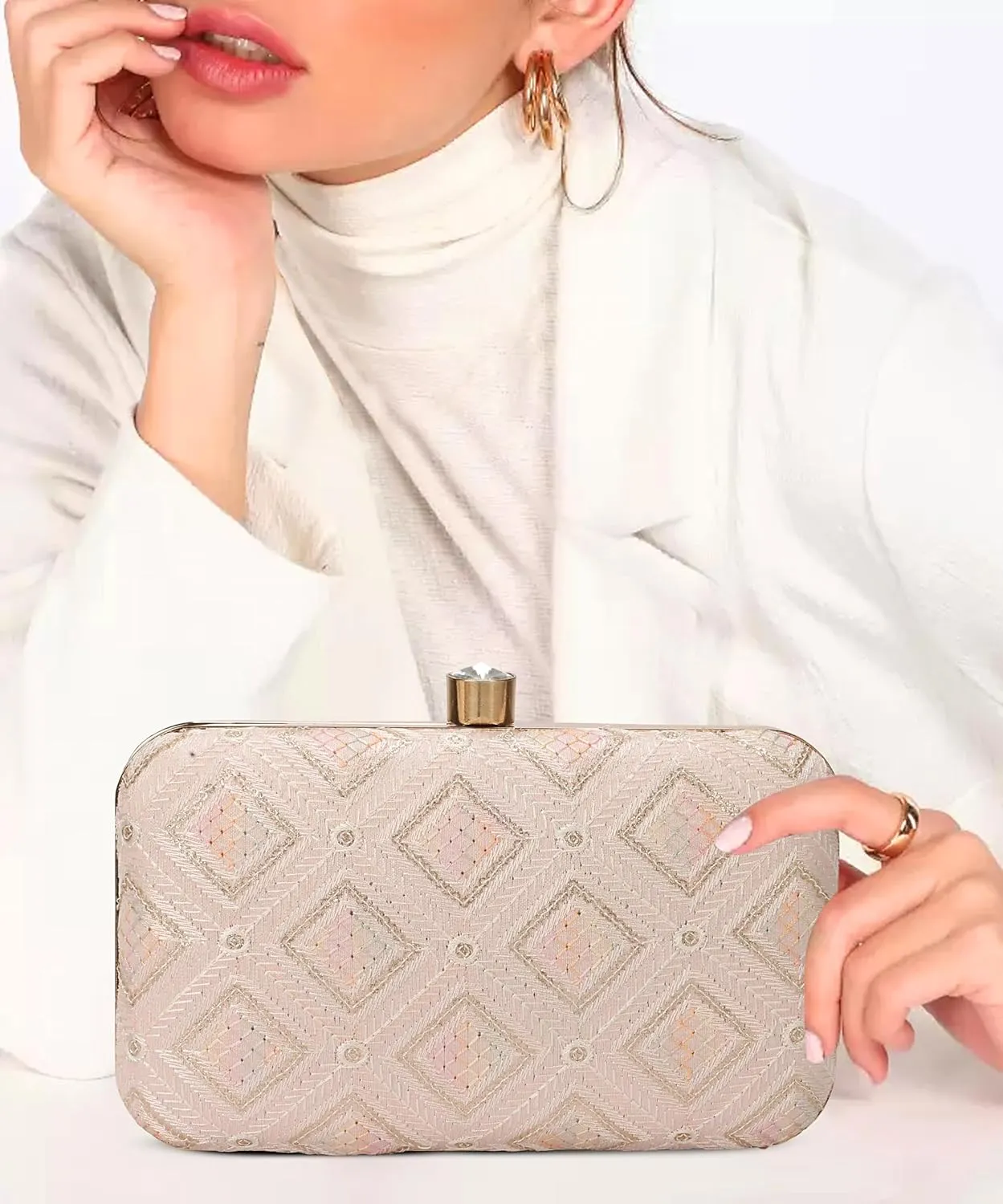 LONGING TO BUY Indian Elegant Evening Box Clutch, Embroidered Pattern, Crystal Clasp