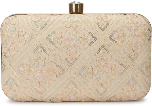 LONGING TO BUY Indian Elegant Evening Box Clutch, Embroidered Pattern, Crystal Clasp