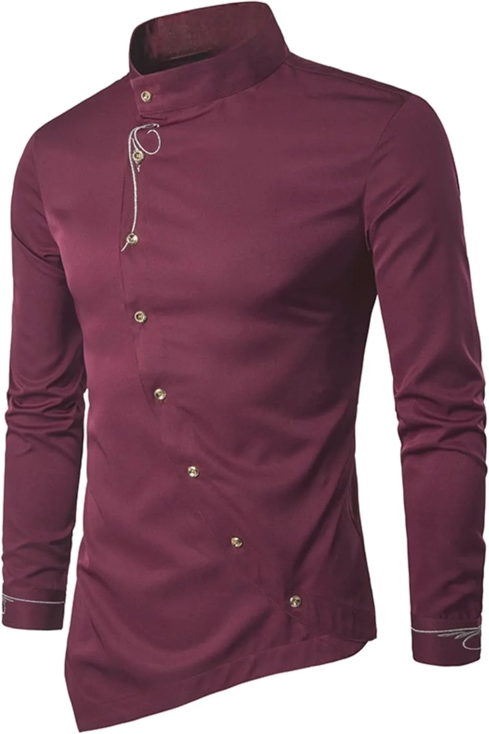 Maiyifu-GJ Men's Irregular Hem Slim Fit Shirt Long Sleeve Button Down Muscle Shirts Casual Retro Banded Collar Dress Shirt