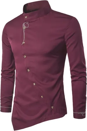 Maiyifu-GJ Men's Irregular Hem Slim Fit Shirt Long Sleeve Button Down Muscle Shirts Casual Retro Banded Collar Dress Shirt