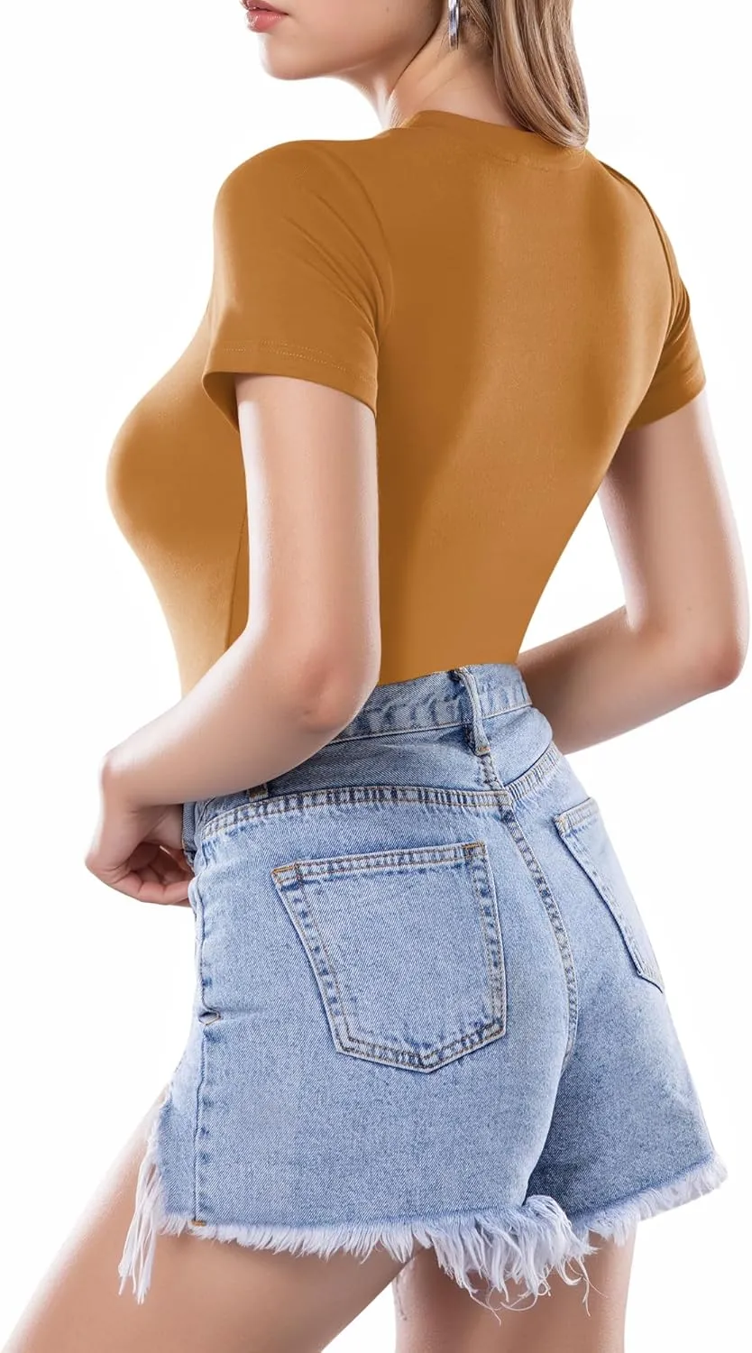 MANGOPOP Women's Round Neck Short Sleeve T Shirts Basic Bodysuits