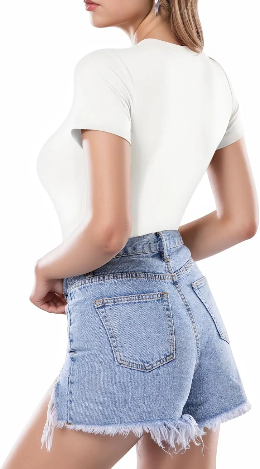MANGOPOP Women's Round Neck Short Sleeve T Shirts Basic Bodysuits