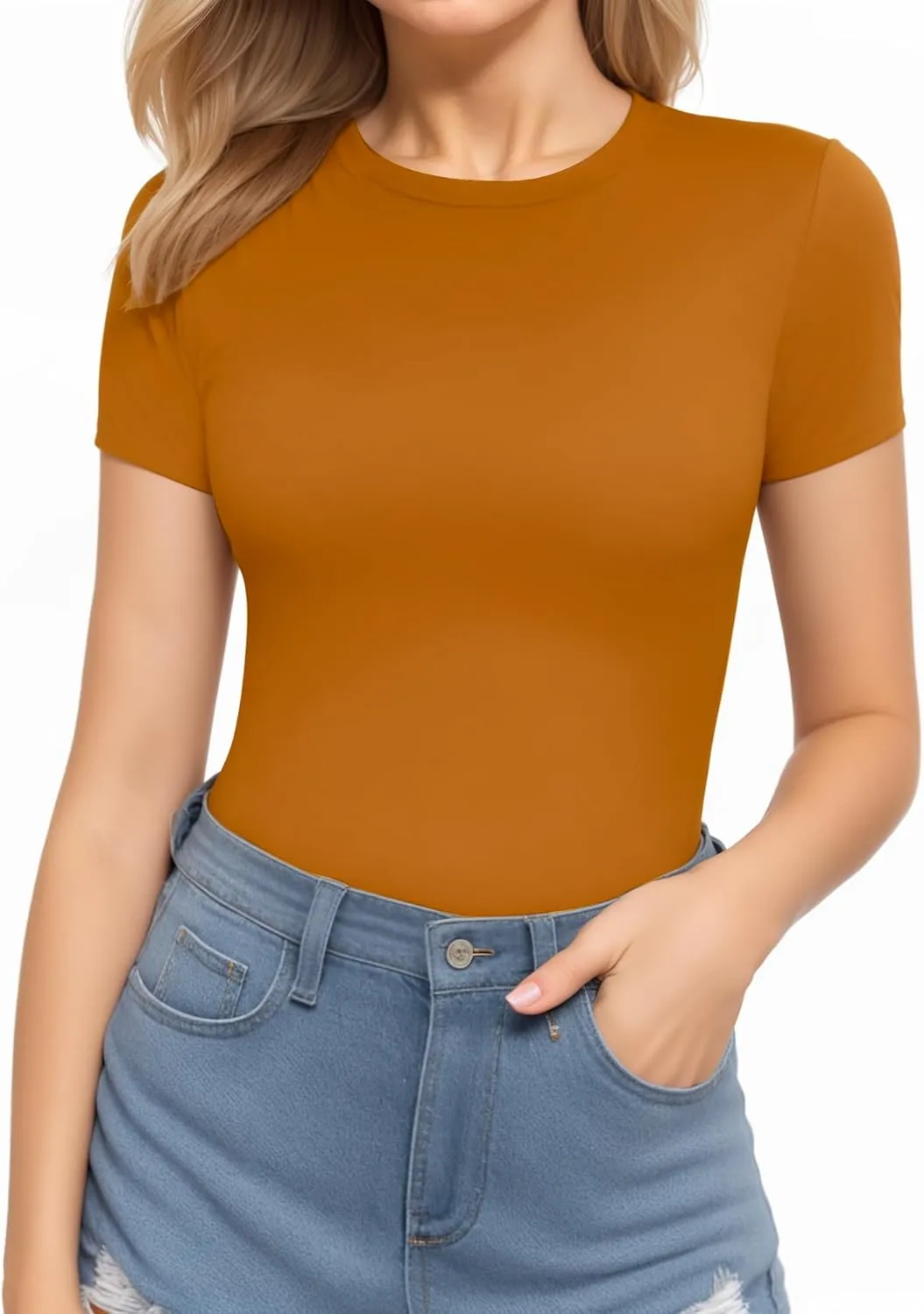 MANGOPOP Women's Round Neck Short Sleeve T Shirts Basic Bodysuits