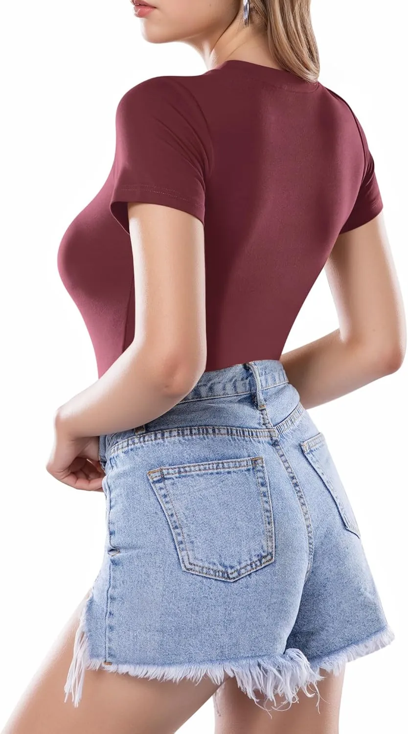 MANGOPOP Women's Round Neck Short Sleeve T Shirts Basic Bodysuits