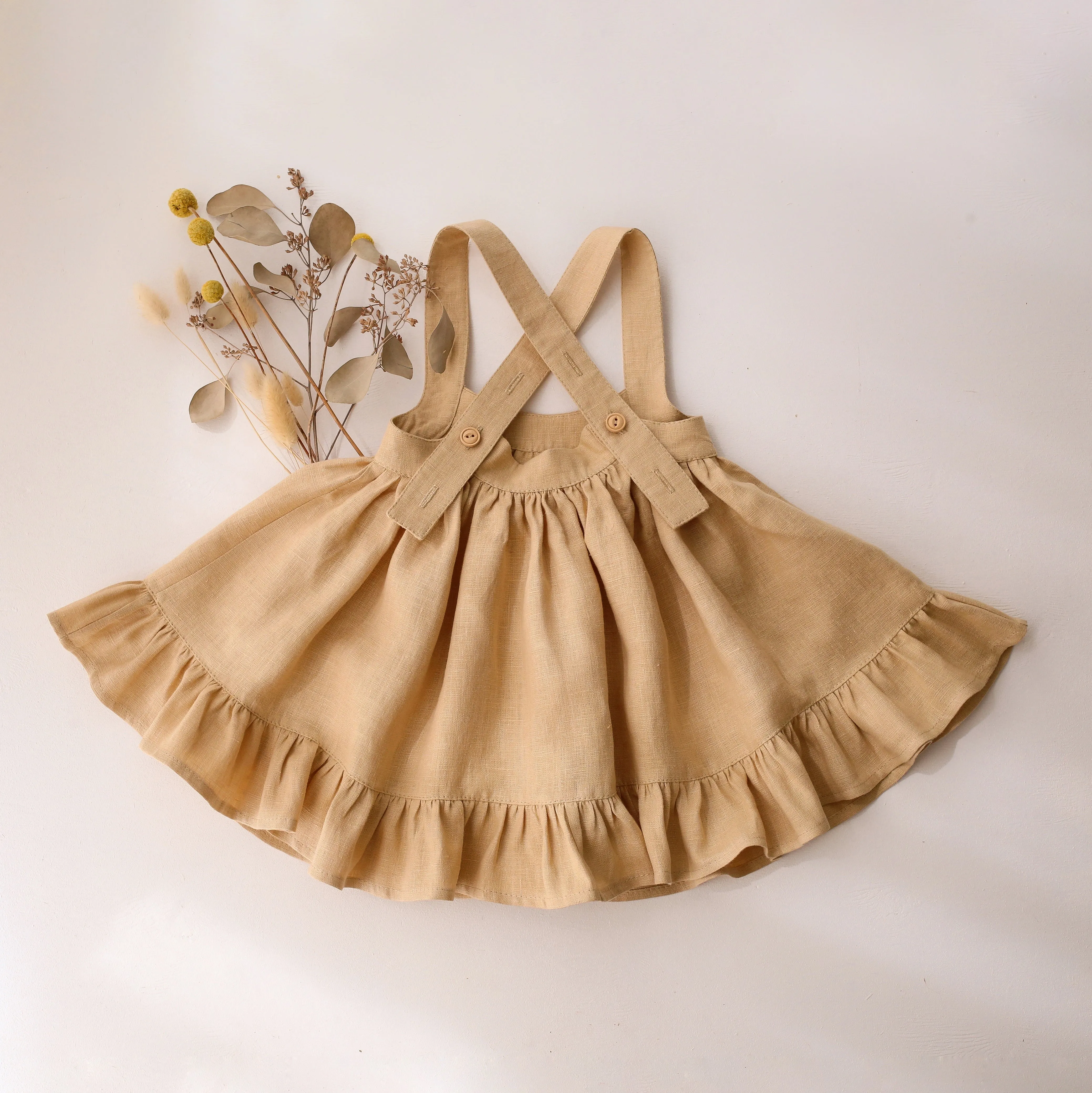 Melon Linen Straps Pinafore with Lace with Bouquet #1 Embroidery