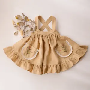 Melon Linen Straps Pinafore with Lace with Bouquet #1 Embroidery