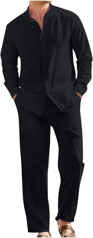 Men Cotton Linen Set Plus Size Long Sleeve Button Shirts Pants 2PC Suit Blouse Top Wide Leg Trouser Summer Outfits