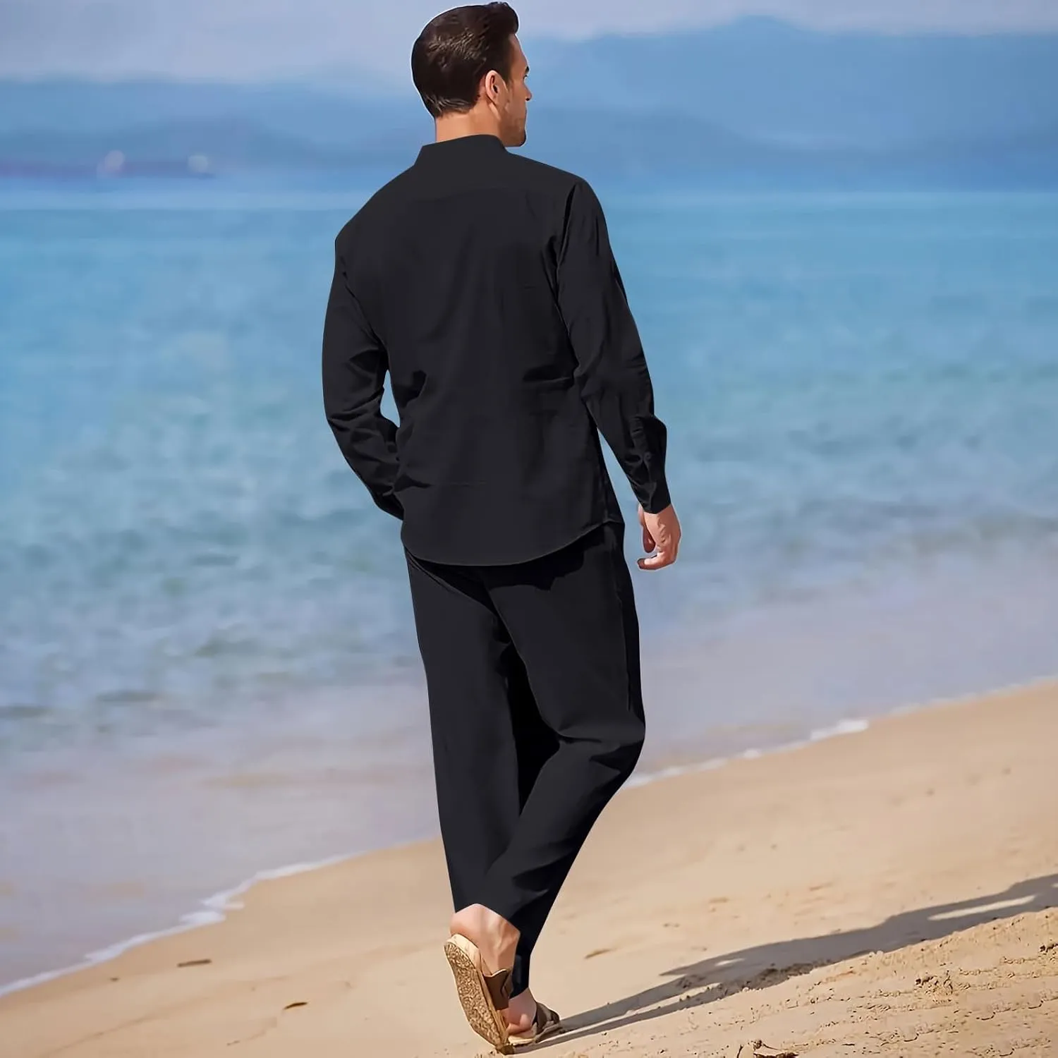 Men Cotton Linen Set Plus Size Long Sleeve Button Shirts Pants 2PC Suit Blouse Top Wide Leg Trouser Summer Outfits
