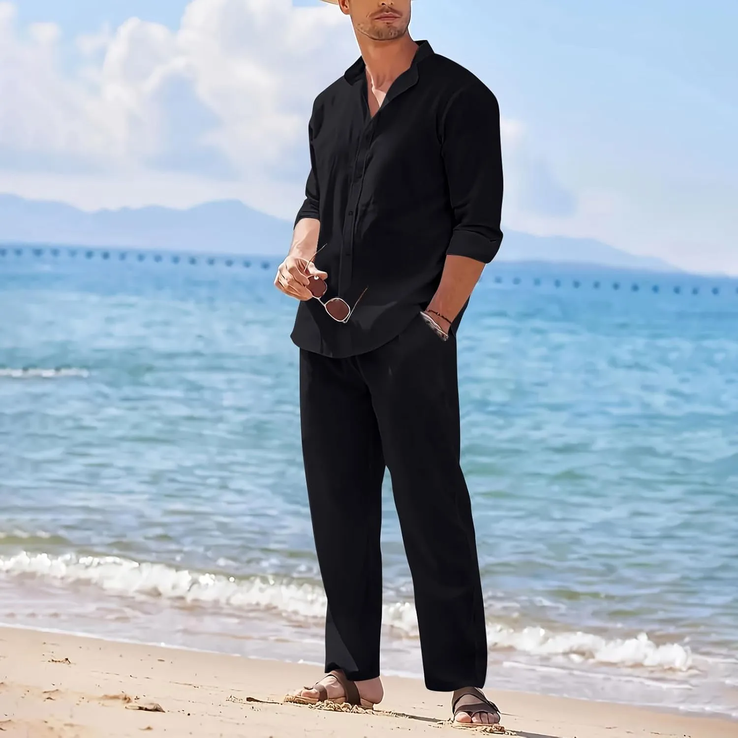 Men Cotton Linen Set Plus Size Long Sleeve Button Shirts Pants 2PC Suit Blouse Top Wide Leg Trouser Summer Outfits