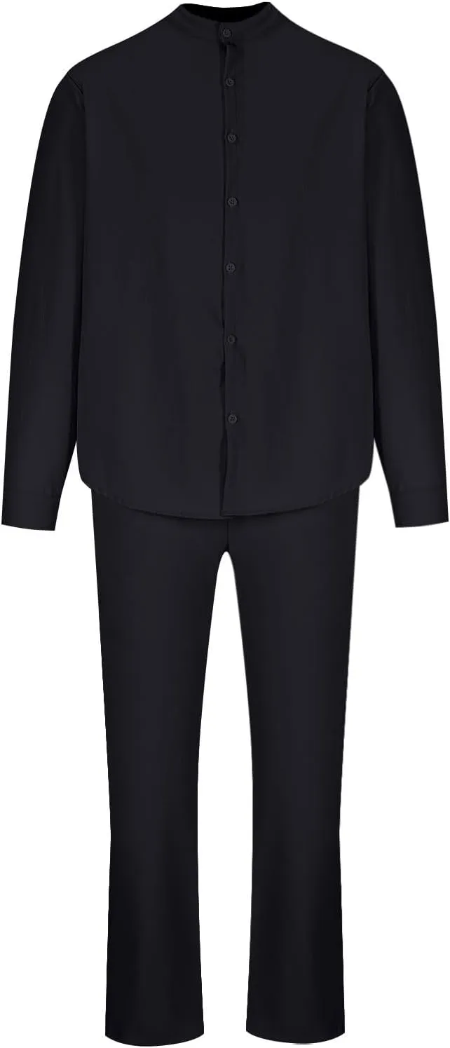 Men Cotton Linen Set Plus Size Long Sleeve Button Shirts Pants 2PC Suit Blouse Top Wide Leg Trouser Summer Outfits