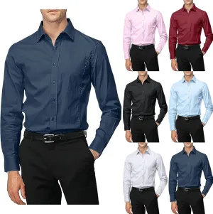 Men Dress Shirts Long Sleeve Wrinkle-Free Solid Formal Shirt Slim Fit Non-Ironing Business Casual Button Down Shirts