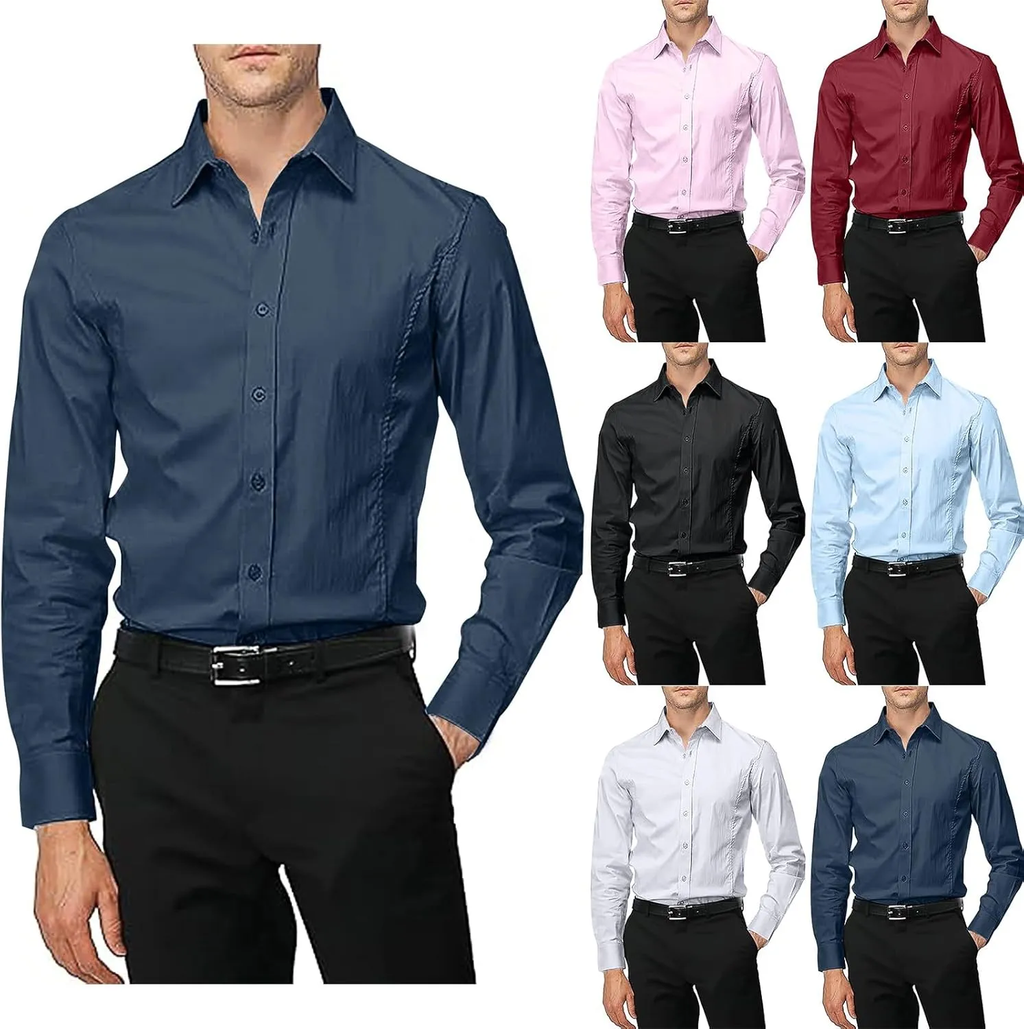 Men Dress Shirts Long Sleeve Wrinkle-Free Solid Formal Shirt Slim Fit Non-Ironing Business Casual Button Down Shirts