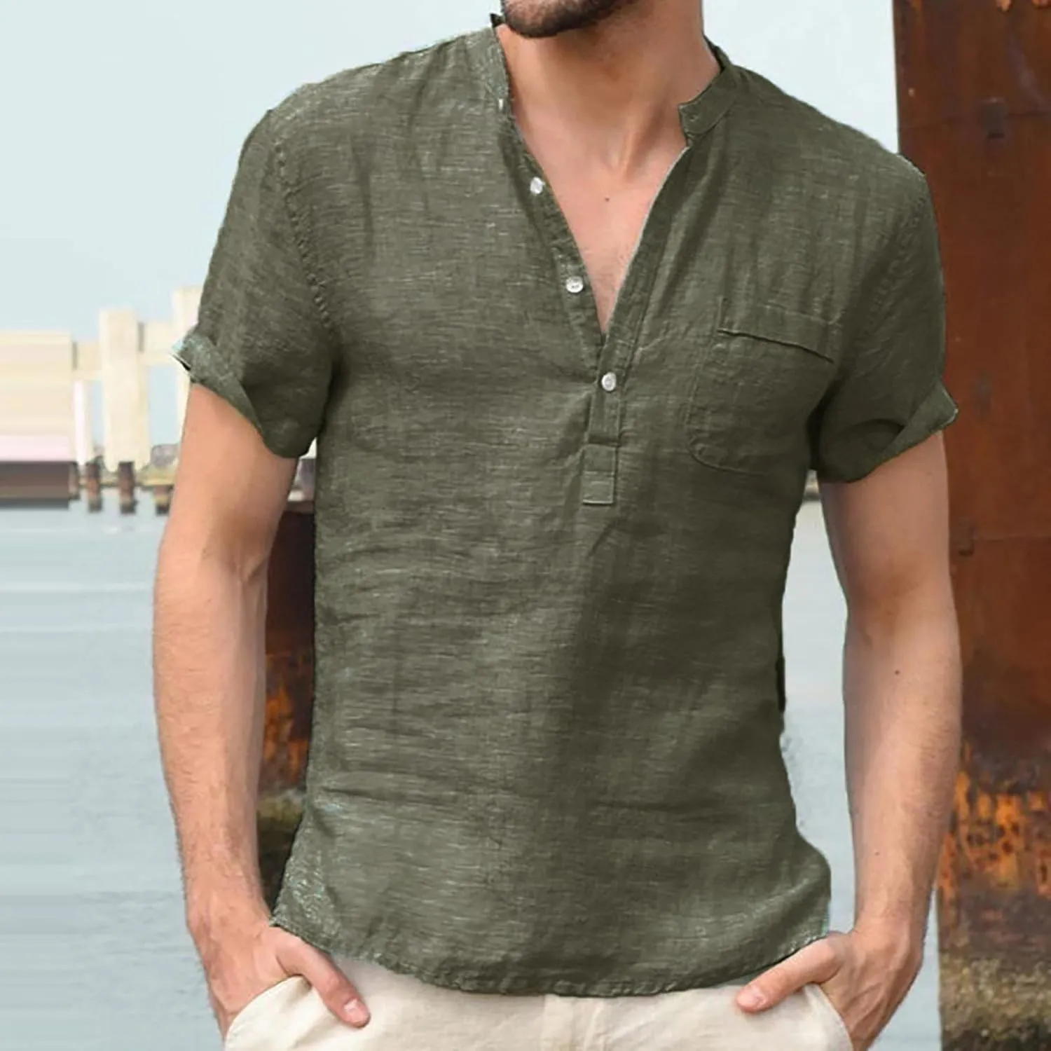 Men Linen Henley Shirts Short Sleeve Button Down Cotton Shirt with Pocket Standard Fit Basic Tees Summer Beach Tops