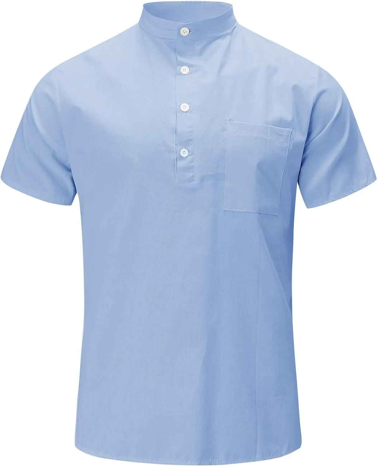 Men Linen Henley Shirts Short Sleeve Button Down Cotton Shirt with Pocket Standard Fit Basic Tees Summer Beach Tops