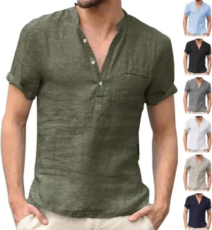 Men Linen Henley Shirts Short Sleeve Button Down Cotton Shirt with Pocket Standard Fit Basic Tees Summer Beach Tops
