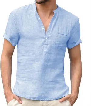 Men Linen Henley Shirts Short Sleeve Button Down Cotton Shirt with Pocket Standard Fit Basic Tees Summer Beach Tops