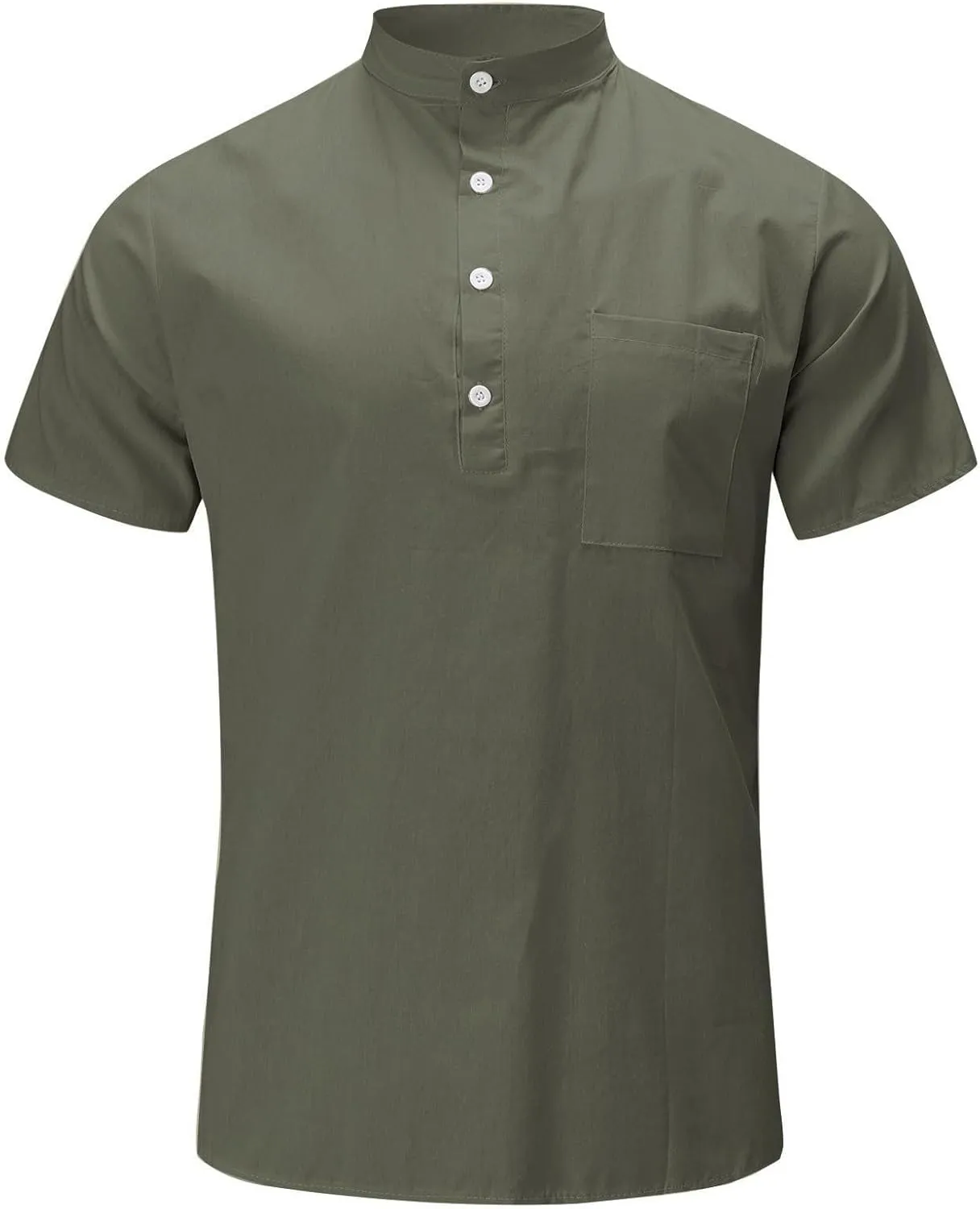 Men Linen Henley Shirts Short Sleeve Button Down Cotton Shirt with Pocket Standard Fit Basic Tees Summer Beach Tops