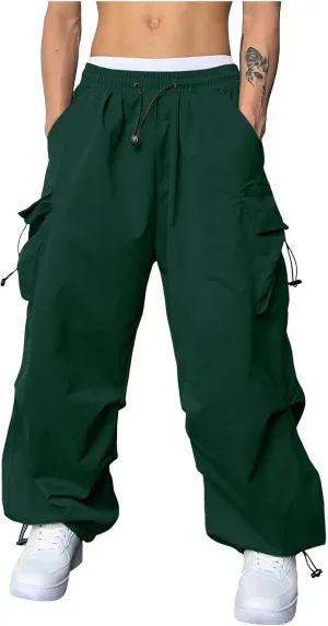 Men's Baggy Cargo Pants Casual Drawstring Waist Loose Fit Outdoor Parachute Pants Multi Pockets