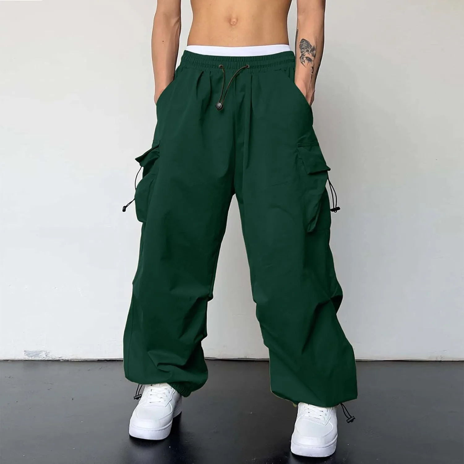 Men's Baggy Cargo Pants Casual Drawstring Waist Loose Fit Outdoor Parachute Pants Multi Pockets
